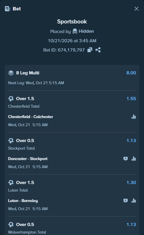 Bet slip: Chesterfield - Colchester, $12,842.09 stake at 1.55 odds, placed by Hidden