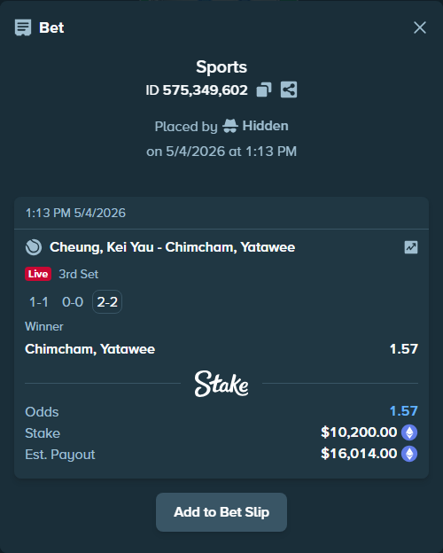 Bet slip: Cheung, Kei Yau - Chimcham, Yatawee, $8,195.74 stake at 1.57 odds, placed by Hidden
