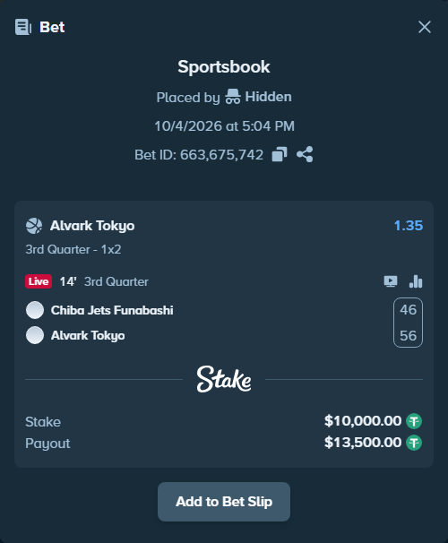 Bet slip: Chiba Jets Funabashi - Alvark Tokyo, $10,000.00 stake at 1.35 odds, placed by Hidden