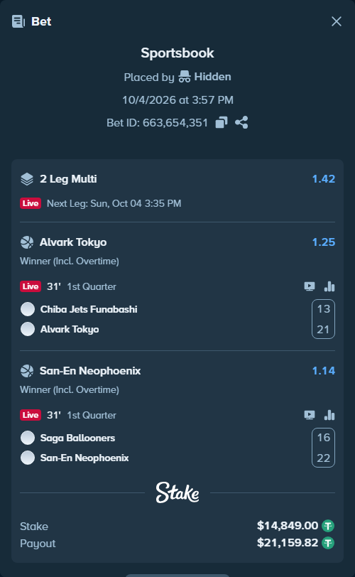 Bet slip: Chiba Jets Funabashi - Alvark Tokyo, $14,849.00 stake at 1.25 odds, placed by 진라면먹고싶다