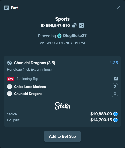 Bet slip: Chiba Lotte Marines - Chunichi Dragons, $10,889.00 stake at 1.35 odds, placed by OlegStake27