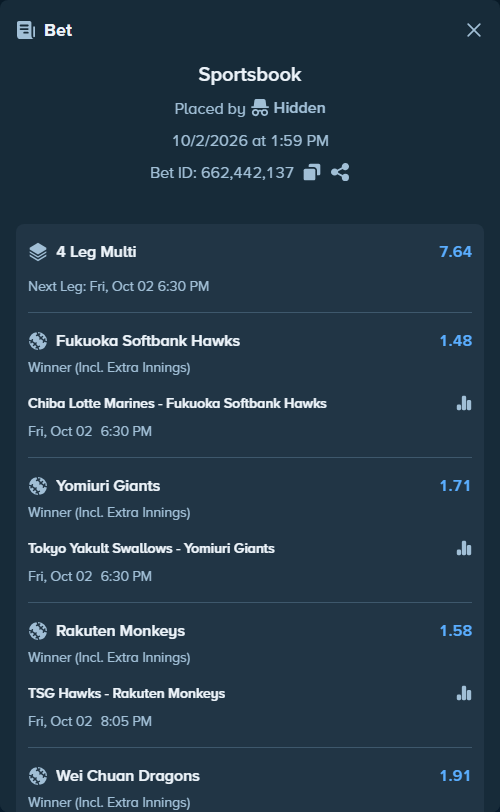 Bet slip: Chiba Lotte Marines - Fukuoka Hawks, $10,000.00 stake at 1.48 odds, placed by Hidden