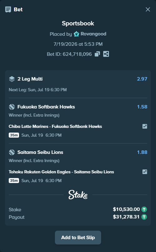 Bet slip: Chiba Lotte Marines - Fukuoka Hawks, $10,530.00 stake at 1.58 odds, placed by Rovangood