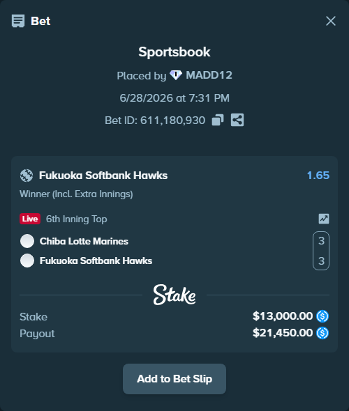 Bet slip: Chiba Lotte Marines - Fukuoka Hawks, $13,000.00 stake at 1.65 odds, placed by MADD12