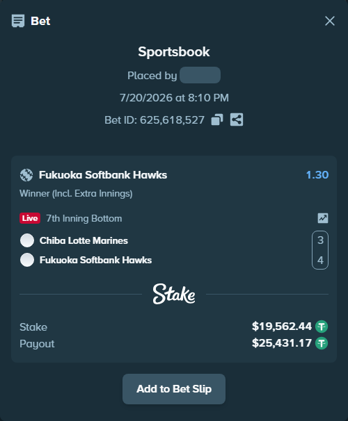 Bet slip: Chiba Lotte Marines - Fukuoka Hawks, $19,582.00 stake at 1.30 odds, placed by Rovangood