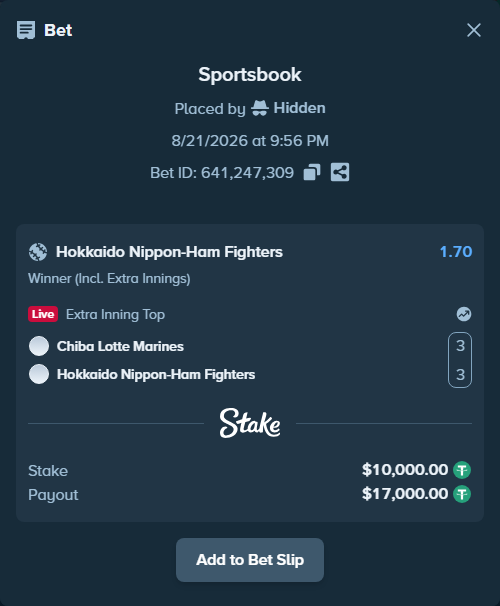 Bet slip: Chiba Lotte Marines - Hokkaido Nippon-Ham Fighters, $10,000.00 stake at 1.70 odds, placed by Hidden
