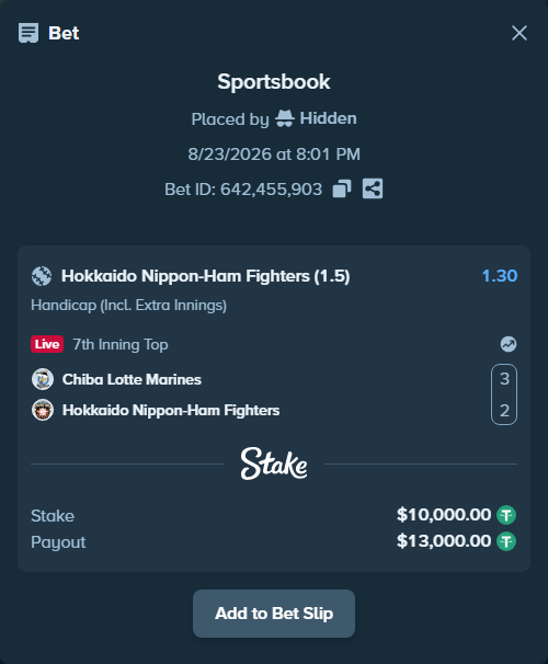 Bet slip: Chiba Lotte Marines - Hokkaido Nippon-Ham Fighters, $10,000.00 stake at 1.30 odds, placed by Hidden