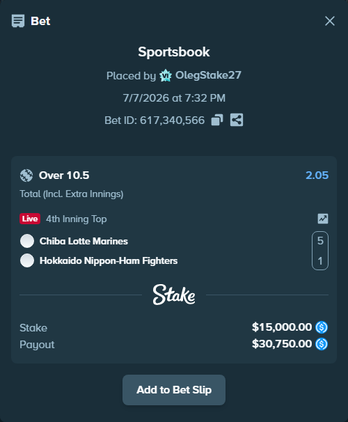 Bet slip: Chiba Lotte Marines - Hokkaido Nippon-Ham Fighters, $15,000.00 stake at 2.05 odds, placed by OlegStake27
