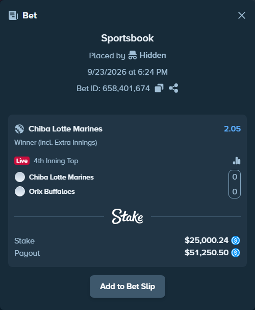 Bet slip: Chiba Lotte Marines - Orix Buffaloes, $25,000.24 stake at 2.05 odds, placed by Hidden