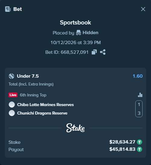 Bet slip: Chiba Lotte Marines Reserves - Chunichi Dragons Reserve, $28,662.90 stake at 1.60 odds, placed by Rovangood