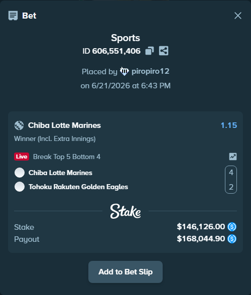 Bet slip: Chiba Lotte Marines - Tohoku Rakuten Golden Eagles, $146,126.00 stake at 1.15 odds, placed by piropiro12