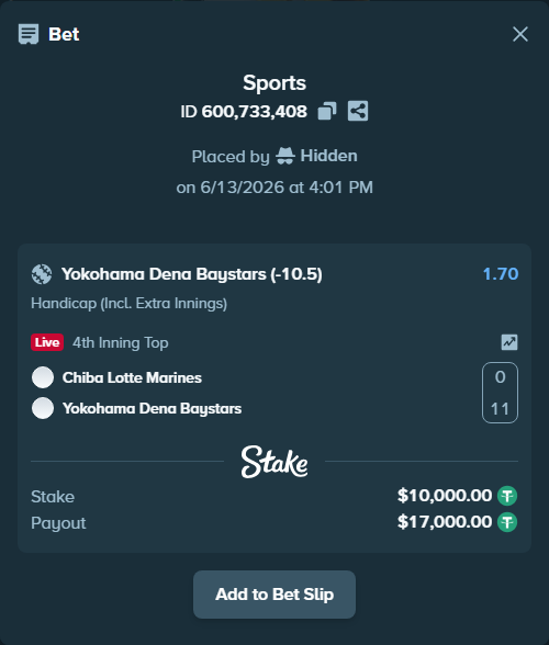 Bet slip: Chiba Lotte Marines - Yokohama Dena Baystars, $10,010.00 stake at 1.70 odds, placed by Hidden