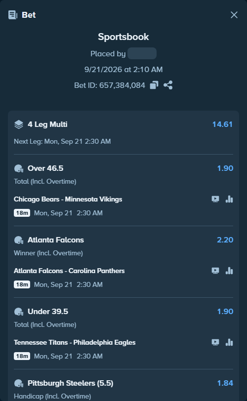 Bet slip: Chicago Bears - Minnesota Vikings, $10,000.00 stake at 1.90 odds, placed by WIZCAPA