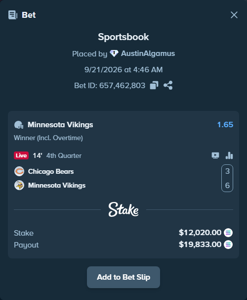 Bet slip: Chicago Bears - Minnesota Vikings, $12,114.40 stake at 1.65 odds, placed by AustinAlgamus