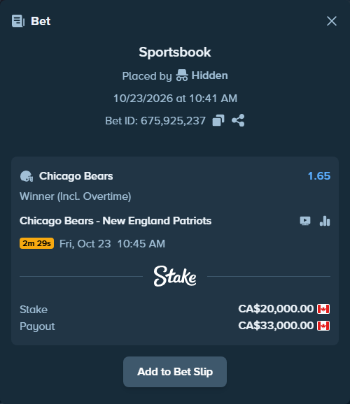 Bet slip: Chicago Bears - New England Patriots, $14,800.00 stake at 1.65 odds, placed by Hidden