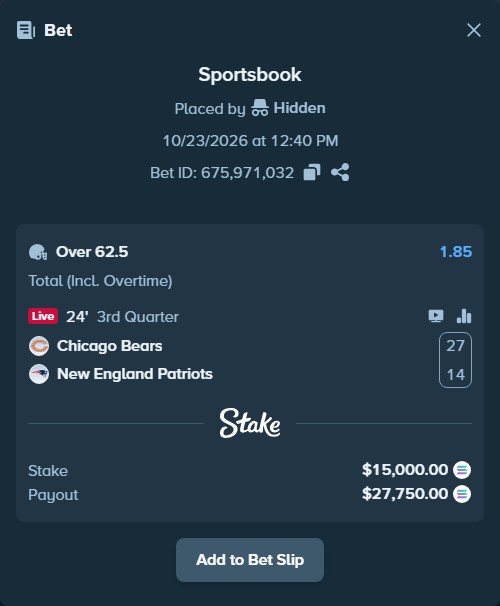 Bet slip: Chicago Bears - New England Patriots, $15,027.71 stake at 1.85 odds, placed by AustinAlgamus