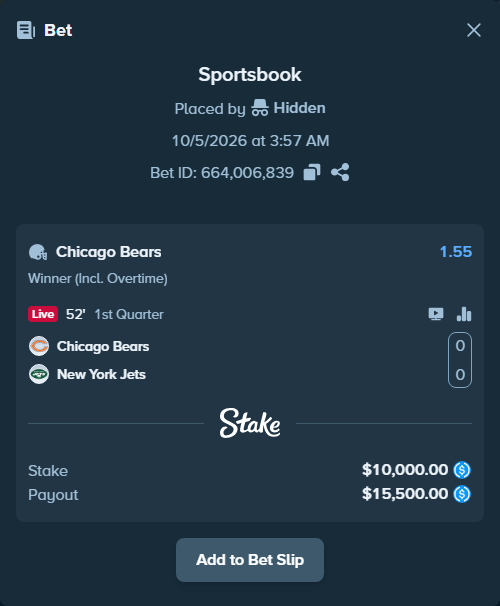 Bet slip: Chicago Bears - New York Jets, $10,000.00 stake at 1.55 odds, placed by Ehsan2007