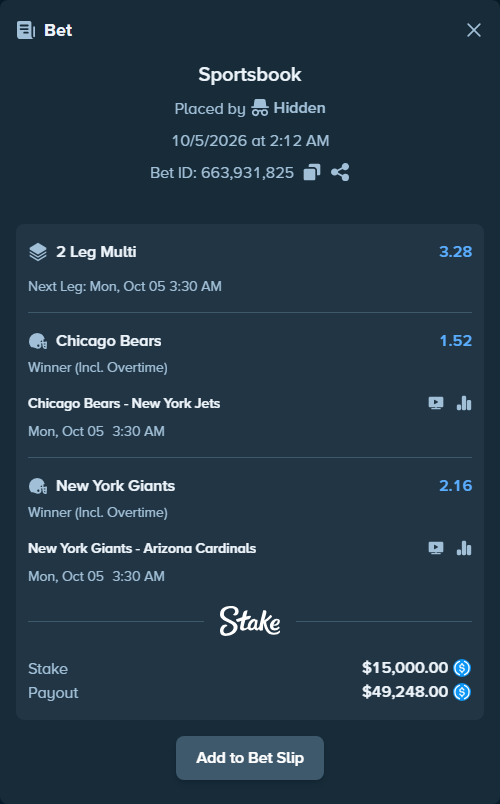 Bet slip: Chicago Bears - New York Jets, $15,000.00 stake at 1.52 odds, placed by Kazlic