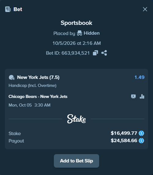 Bet slip: Chicago Bears - New York Jets, $16,499.77 stake at 1.49 odds, placed by Shark325