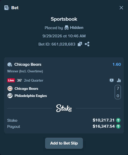 Bet slip: Chicago Bears - Philadelphia Eagles, $10,217.21 stake at 1.60 odds, placed by dc913