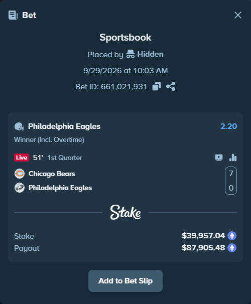 Bet slip: Chicago Bears - Philadelphia Eagles, $34,224.00 stake at 2.20 odds, placed by gemcabal