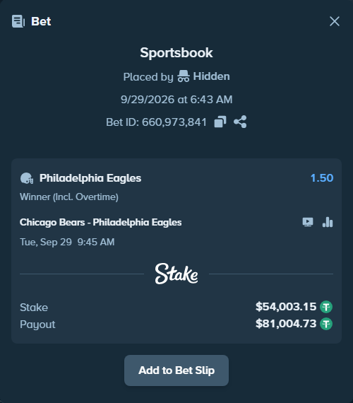 Bet slip: Chicago Bears - Philadelphia Eagles, $54,003.15 stake at 1.50 odds, placed by dc913