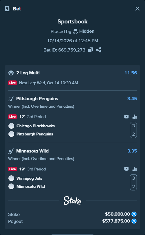 Bet slip: Chicago Blackhawks - Pittsburgh Penguins, $50,000.00 stake at 3.45 odds, placed by Hidden