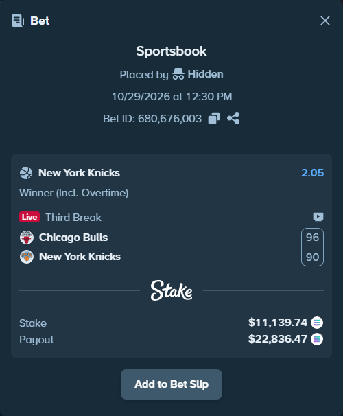 Bet slip: Chicago Bulls - New York Knicks, $11,088.50 stake at 2.05 odds, placed by Hidden