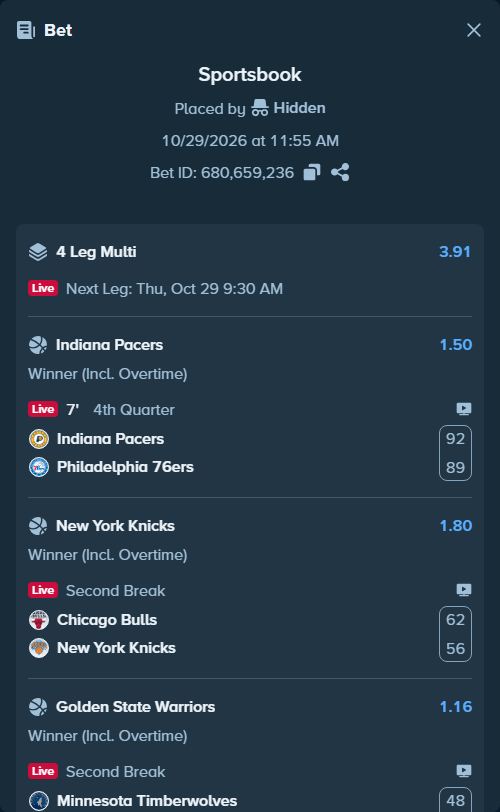 Bet slip: Chicago Bulls - New York Knicks, $14,866.40 stake at 1.80 odds, placed by Hidden