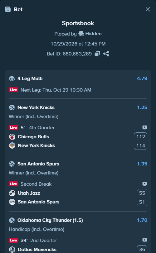 Bet slip: Chicago Bulls - New York Knicks, $15,015.00 stake at 1.25 odds, placed by Olympusy