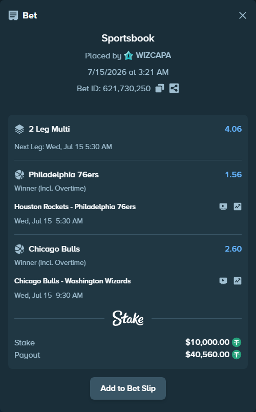 Bet slip: Chicago Bulls - Washington Wizards, $10,000.00 stake at 2.60 odds, placed by WIZCAPA