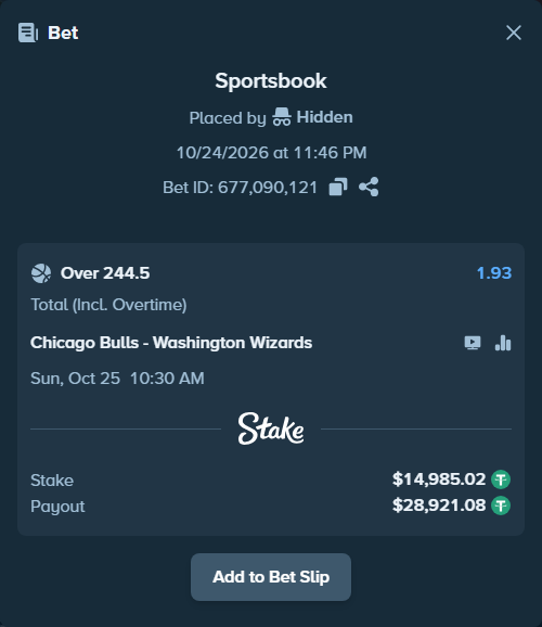 Bet slip: Chicago Bulls - Washington Wizards, $15,000.00 stake at 1.93 odds, placed by Hidden
