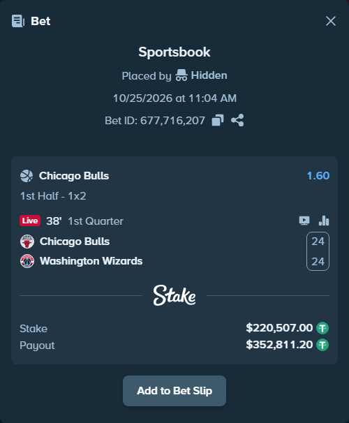 Bet slip: Chicago Bulls - Washington Wizards, $220,727.51 stake at 1.60 odds, placed by Hidden