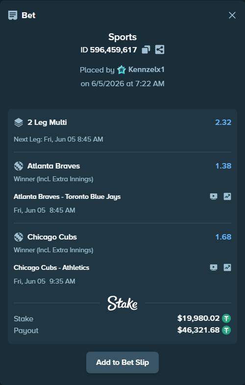 Bet slip: Chicago Cubs - Athletics, $20,000.00 stake at 1.68 odds, placed by Kennzelx1