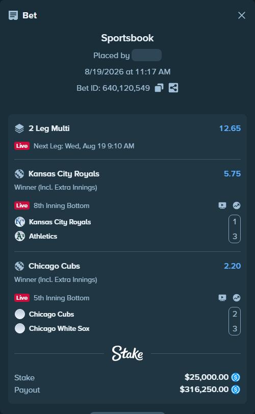 Bet slip: Chicago Cubs - Chicago White Sox, $25,000.00 stake at 2.20 odds, placed by Cabrzy