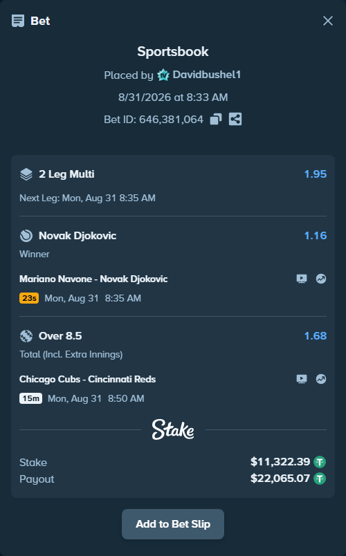 Bet slip: Chicago Cubs - Cincinnati Reds, $11,322.39 stake at 1.68 odds, placed by Davidbushel1