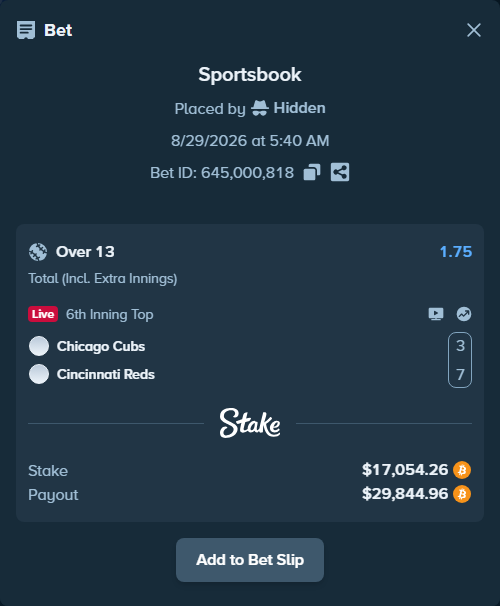 Bet slip: Chicago Cubs - Cincinnati Reds, $17,048.46 stake at 1.75 odds, placed by Hidden