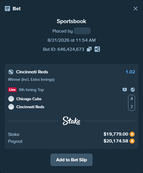 Bet slip: Chicago Cubs - Cincinnati Reds, $19,777.20 stake at 1.02 odds, placed by Savagepo