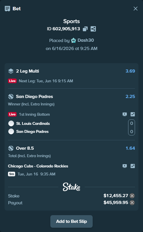Bet slip: Chicago Cubs - Colorado Rockies, $11,496.94 stake at 1.64 odds, placed by Dash30