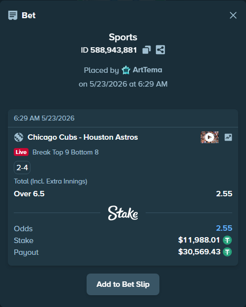 Bet slip: Chicago Cubs - Houston Astros, $12,000.00 stake at 2.55 odds, placed by ArtTema