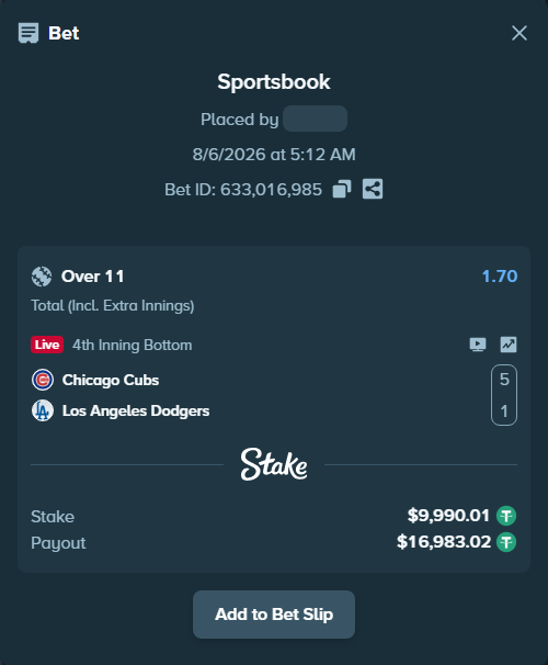 Bet slip: Chicago Cubs - Los Angeles Dodgers, $10,000.00 stake at 1.70 odds, placed by Pepi1968