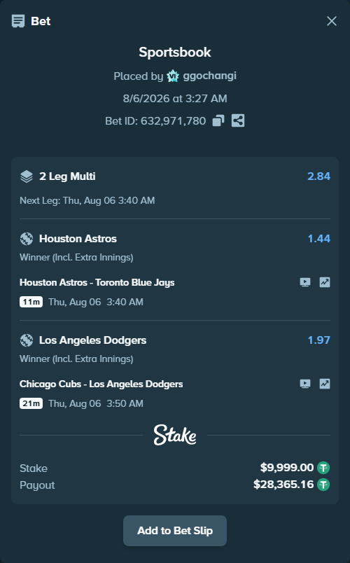 Bet slip: Chicago Cubs - Los Angeles Dodgers, $10,009.00 stake at 1.97 odds, placed by ggochangi