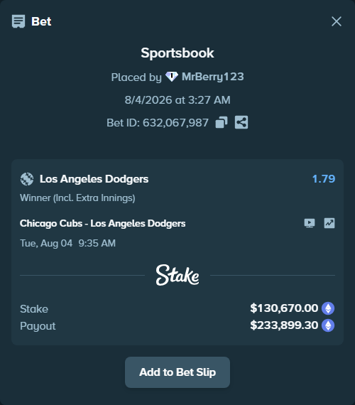 Bet slip: Chicago Cubs - Los Angeles Dodgers, $133,074.71 stake at 1.79 odds, placed by MrBerry123