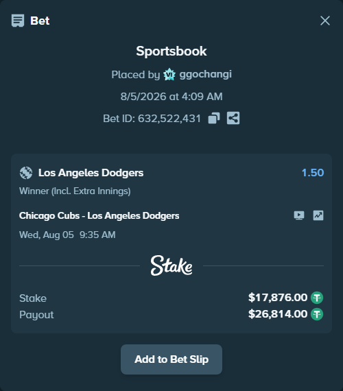 Bet slip: Chicago Cubs - Los Angeles Dodgers, $17,893.88 stake at 1.50 odds, placed by ggochangi