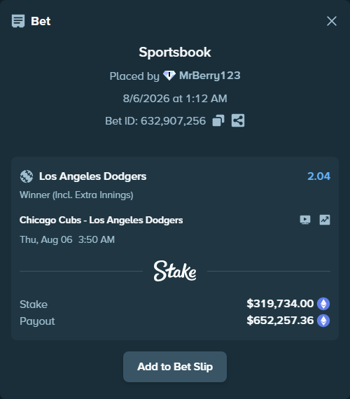 Bet slip: Chicago Cubs - Los Angeles Dodgers, $324,279.79 stake at 2.04 odds, placed by MrBerry123