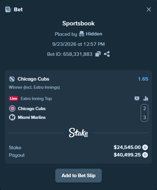 Bet slip: Chicago Cubs - Miami Marlins, $24,736.41 stake at 1.65 odds, placed by Hidden