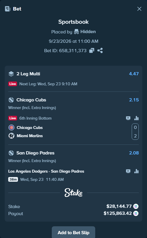 Bet slip: Chicago Cubs - Miami Marlins, $27,911.79 stake at 2.15 odds, placed by Hidden