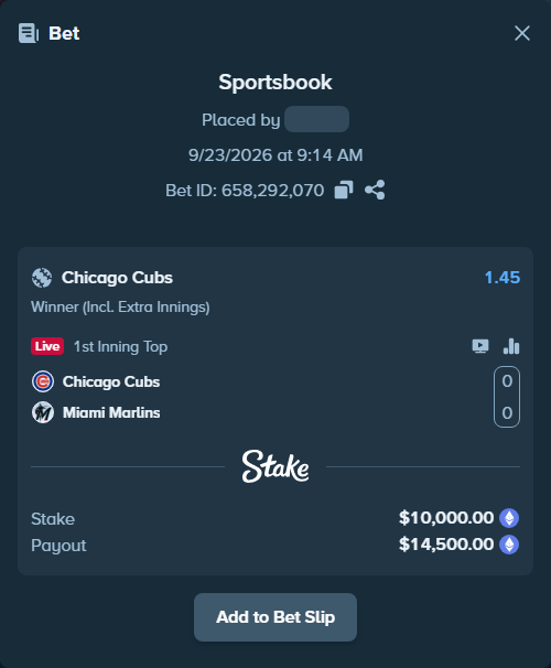 Bet slip: Chicago Cubs - Miami Marlins, $9,971.57 stake at 1.45 odds, placed by Jollysea