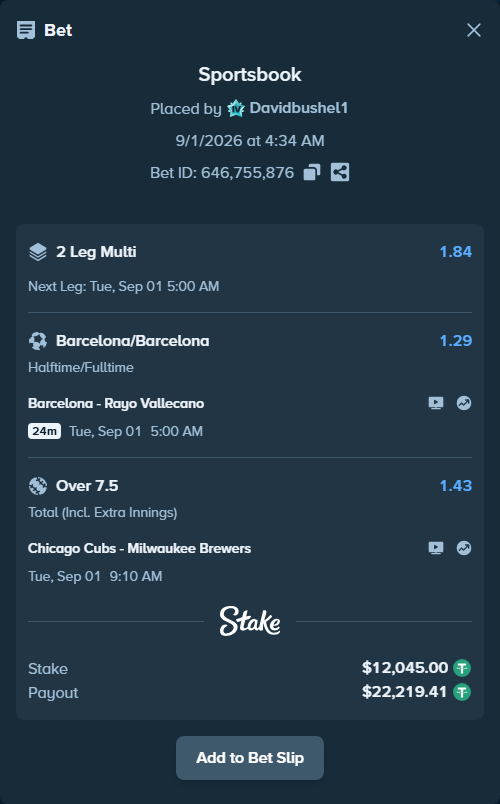 Bet slip: Chicago Cubs - Milwaukee Brewers, $12,045.00 stake at 1.43 odds, placed by Davidbushel1