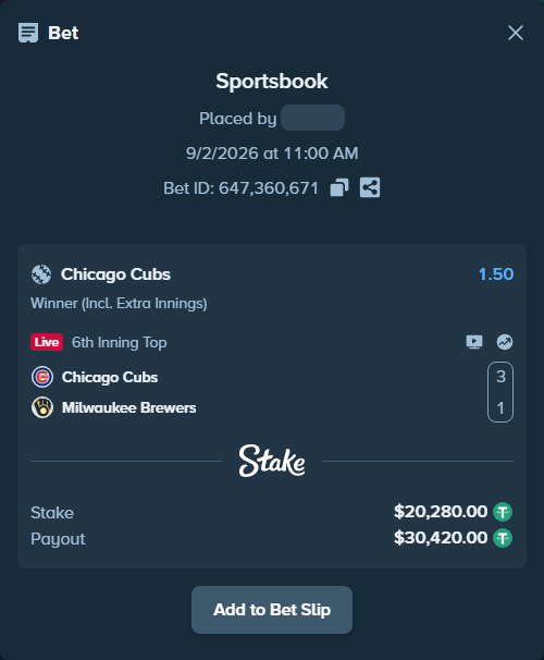 Bet slip: Chicago Cubs - Milwaukee Brewers, $20,280.00 stake at 1.50 odds, placed by OSleezy777